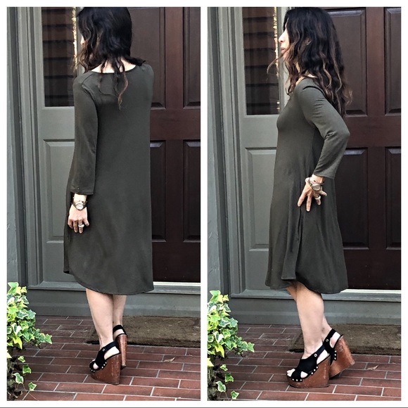 Olive green side pocket 3/4 sleeves swing dress - Picture 2 of 8